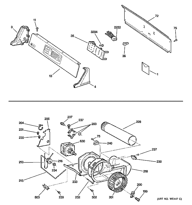 CONTROLS, BACKSPLASH, BLOWER & MOTOR Diagram and Parts List for DS5000EE0WW  General Electric Dryer
