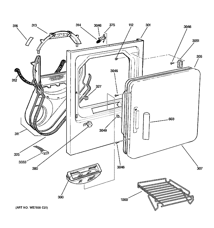 FRONT PANEL & DOOR Diagram and Parts List for DS5000EE1WW  General Electric Dryer