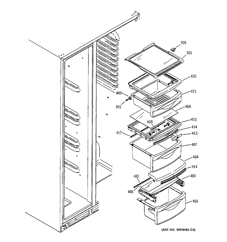 FRESH FOOD SHELVES Diagram and Parts List for DSS25KGRBBB  General Electric Refrigerator