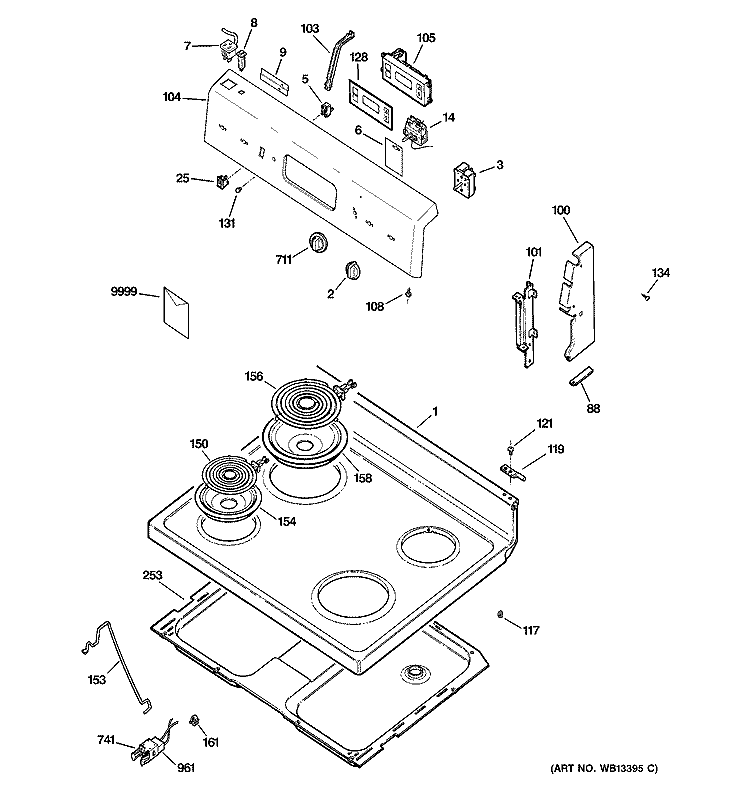 CONTROL PANEL & COOKTOP Diagram and Parts List for JCBS28WJ1WW  General Electric Range