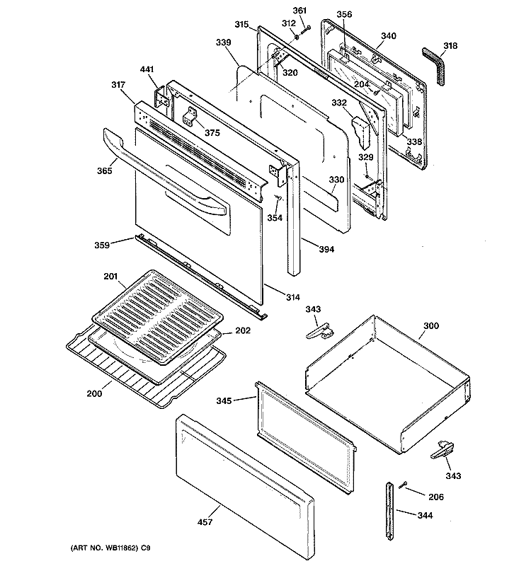 DOOR & DRAWER PARTS Diagram and Parts List for MCB757WJ1WW  General Electric Range