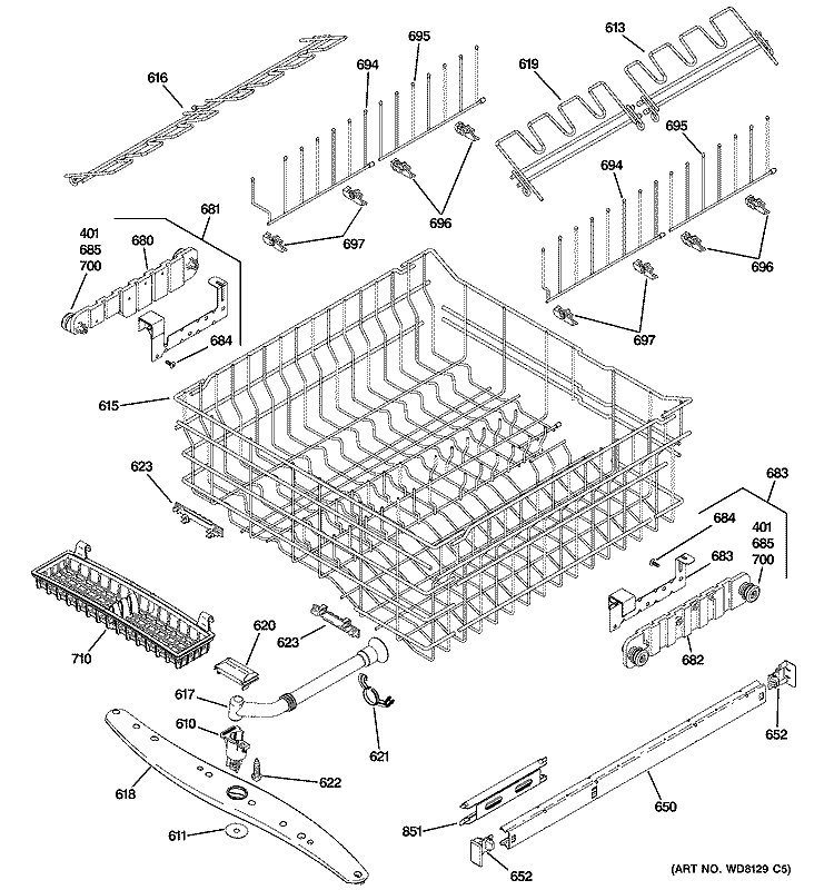 UPPER RACK ASSEMBLY Diagram and Parts List for ZBD6890K03II  General Electric Dishwasher