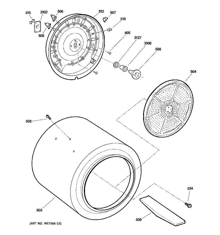 DRUM Diagram and Parts List for DCCB330ED1WC  General Electric Dryer