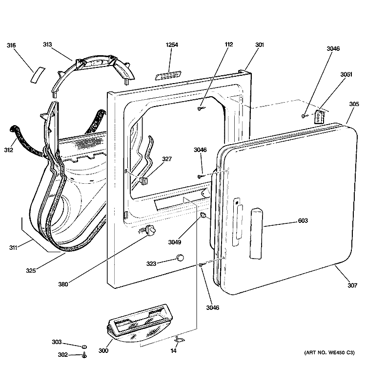 FRONT PANEL & DOOR Diagram and Parts List for DCCB330ED2WC  General Electric Dryer