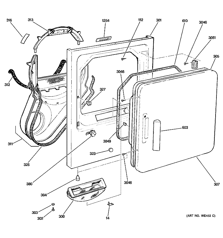 FRONT PANEL & DOOR Diagram and Parts List for DCCD330GD1KC  General Electric Dryer