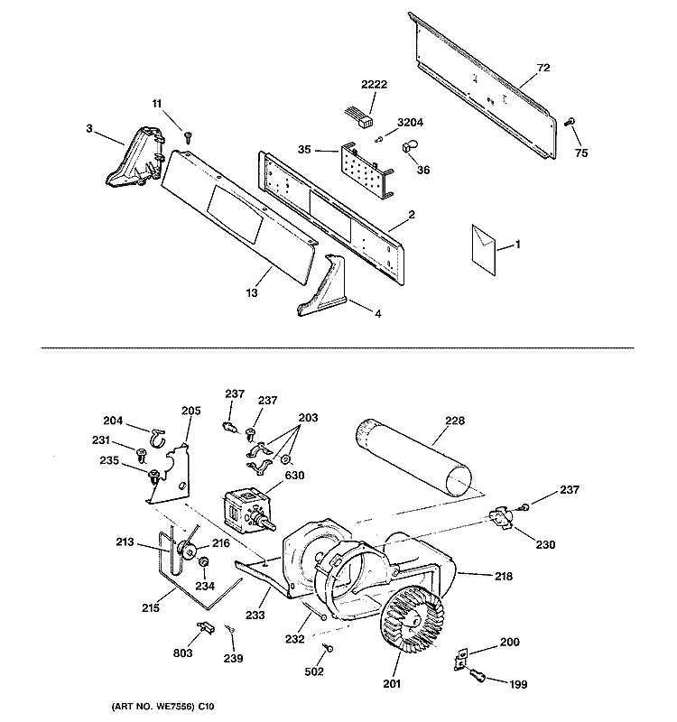 BACKSPLASH, BLOWER & MOTOR Diagram and Parts List for DNCD450GA2WC  General Electric Dryer