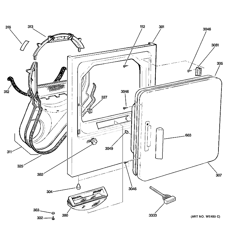 FRONT PANEL & DOOR Diagram and Parts List for DNCD450GA2WC  General Electric Dryer