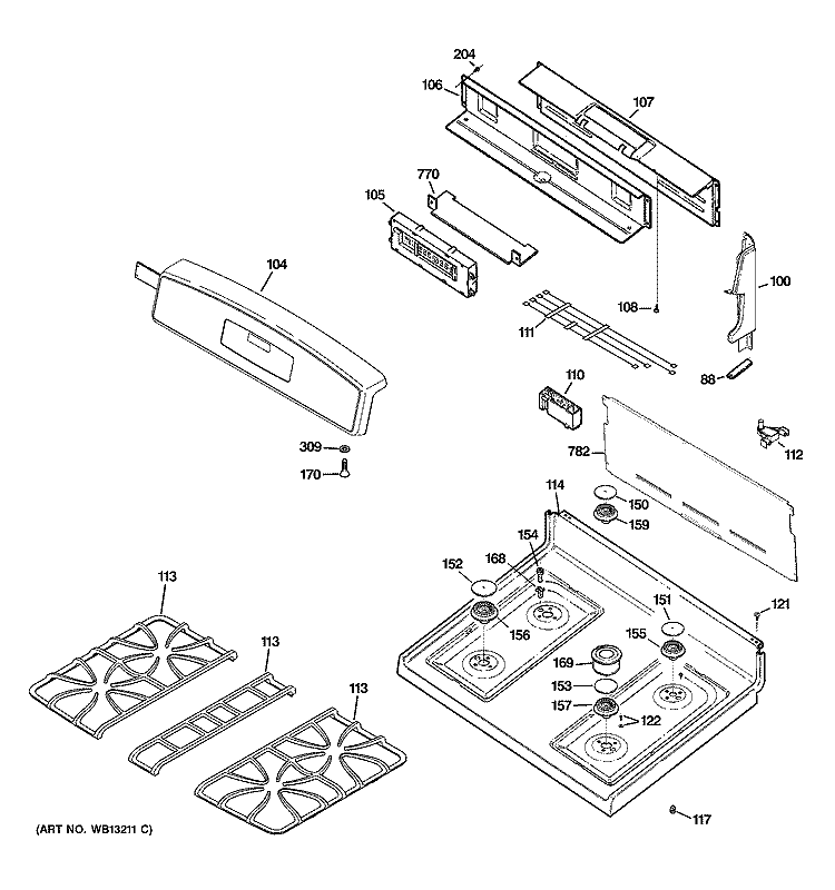 CONTROL PANEL & COOKTOP Diagram and Parts List for J2B915SEH3SS  General Electric Range