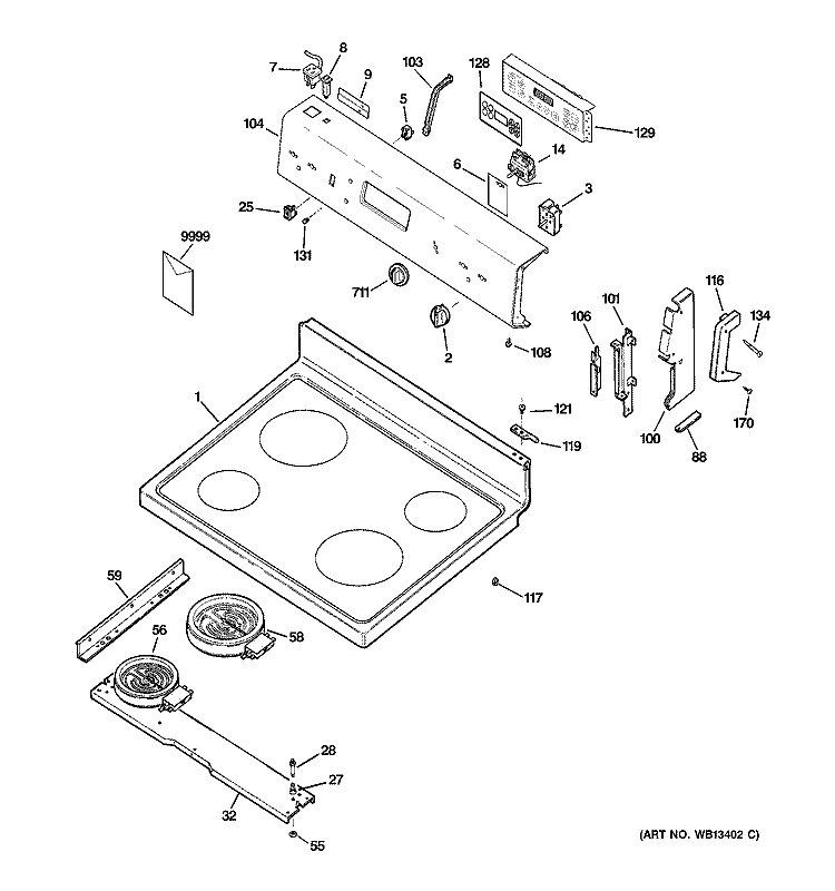 CONTROL PANEL & COOKTOP Diagram and Parts List for MCBS585WJ1WW  General Electric Range