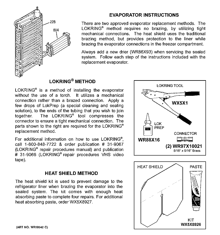 EVAPORATOR INSTRUCTIONS Diagram and Parts List for PSH23PSRASV  General Electric Refrigerator
