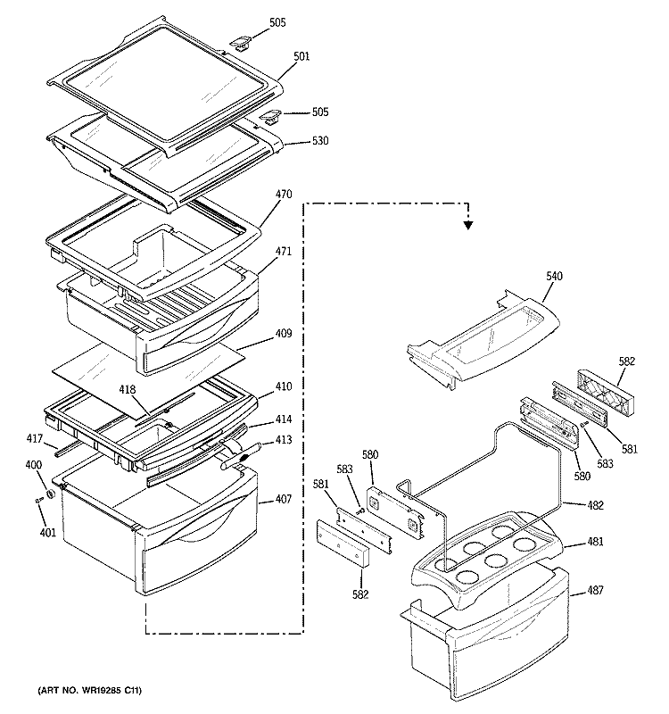 FRESH FOOD SHELVES Diagram and Parts List for PSH23PSRASV  General Electric Refrigerator