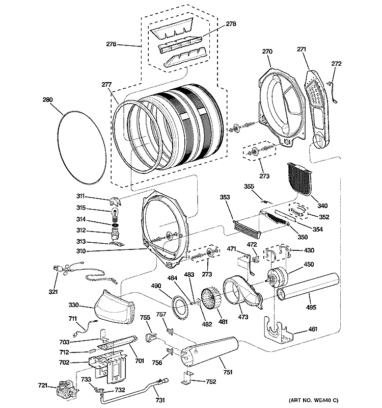 DRUM, MOTOR & BLOWER Diagram and Parts List for DPGT750GC1PL  General Electric Dryer