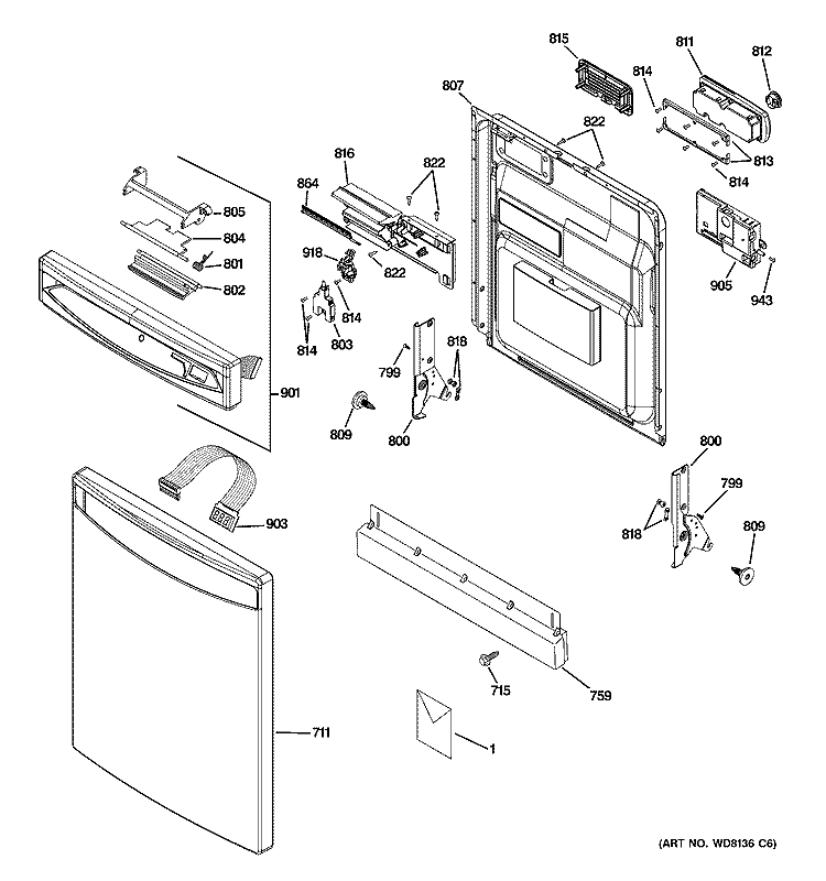 ESCUTCHEON & DOOR ASSEMBLY Diagram and Parts List for PDW8800J03CC  General Electric Dishwasher