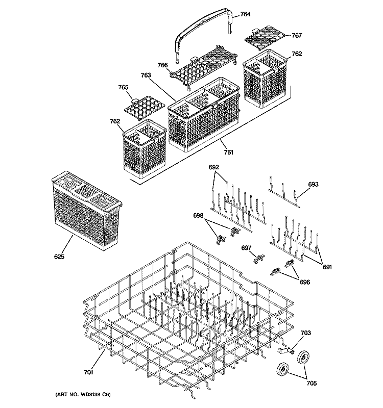 LOWER RACK ASSEMBLY Diagram and Parts List for PDW8800J03CC  General Electric Dishwasher