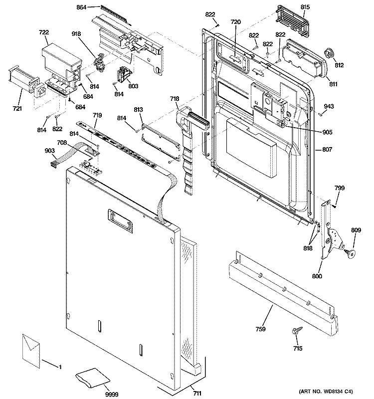 ESCUTCHEON & DOOR ASSEMBLY Diagram and Parts List for PDW9700J03II  General Electric Dishwasher