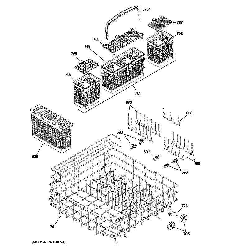 LOWER RACK ASSEMBLY Diagram and Parts List for PDW9700J03II  General Electric Dishwasher