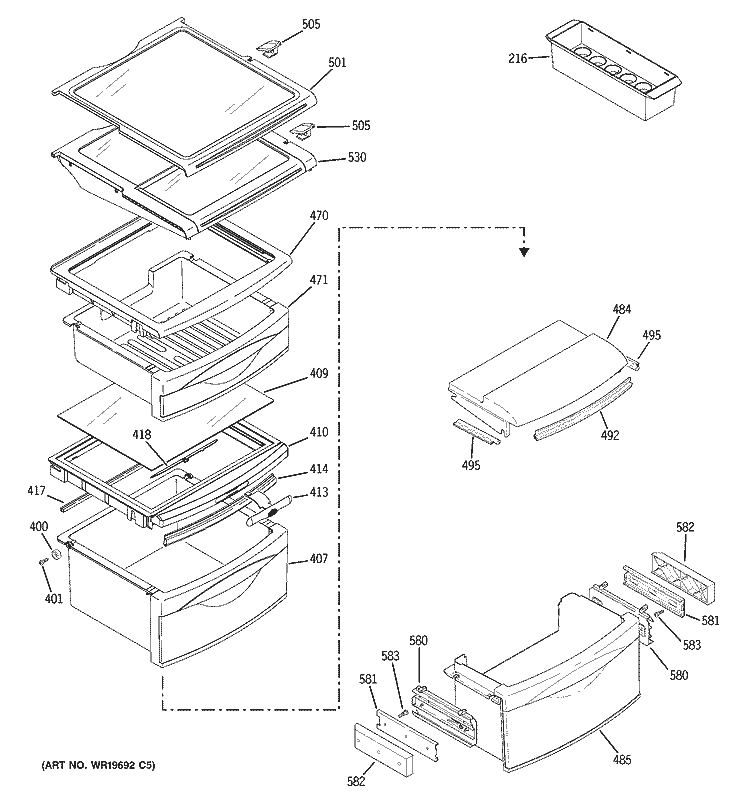 FRESH FOOD SHELVES Diagram and Parts List for RCK23MGMJFCC  General Electric Refrigerator