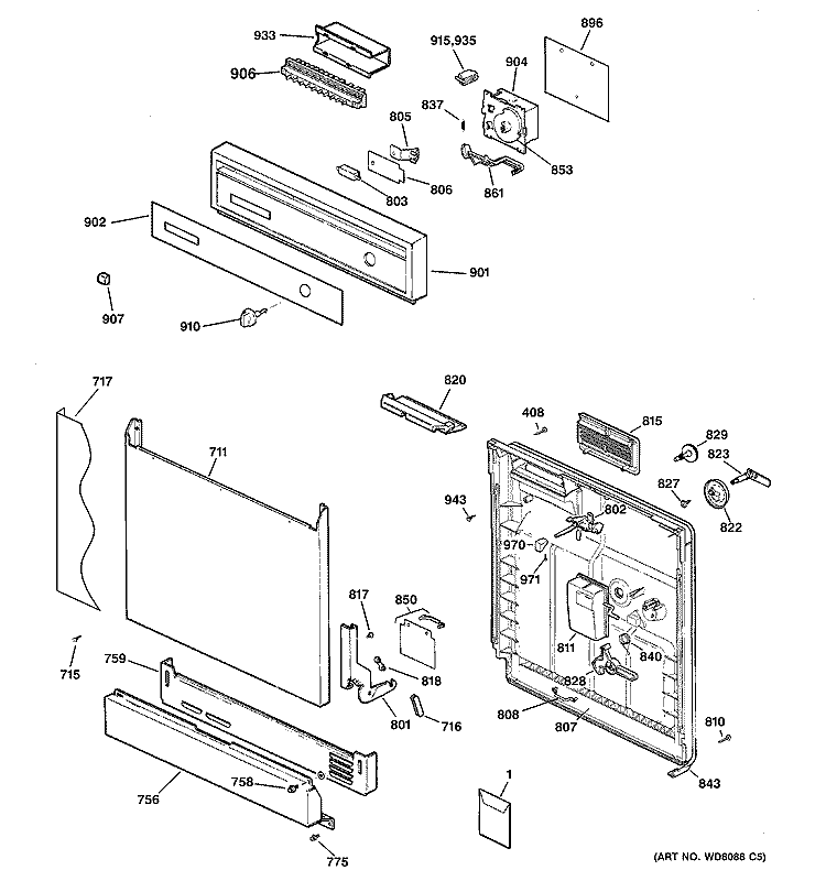 ESCUTCHEON & DOOR ASSEMBLY Diagram and Parts List for HDA3400G02CC  Hotpoint Dishwasher