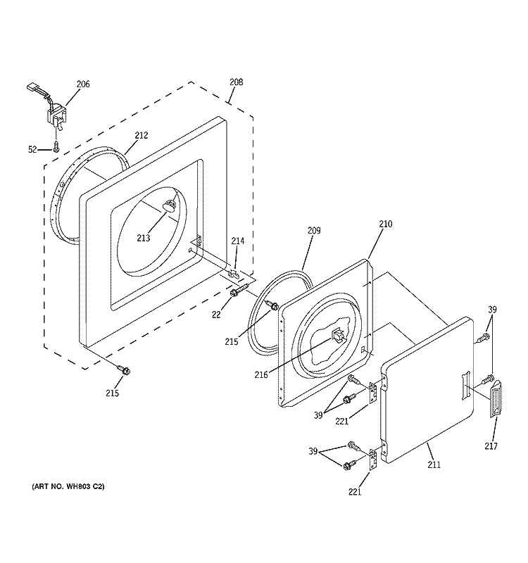 DRYER FRONT PANEL & DOOR Diagram and Parts List for WSM2480D1WW  General Electric Washer Dryer Combo