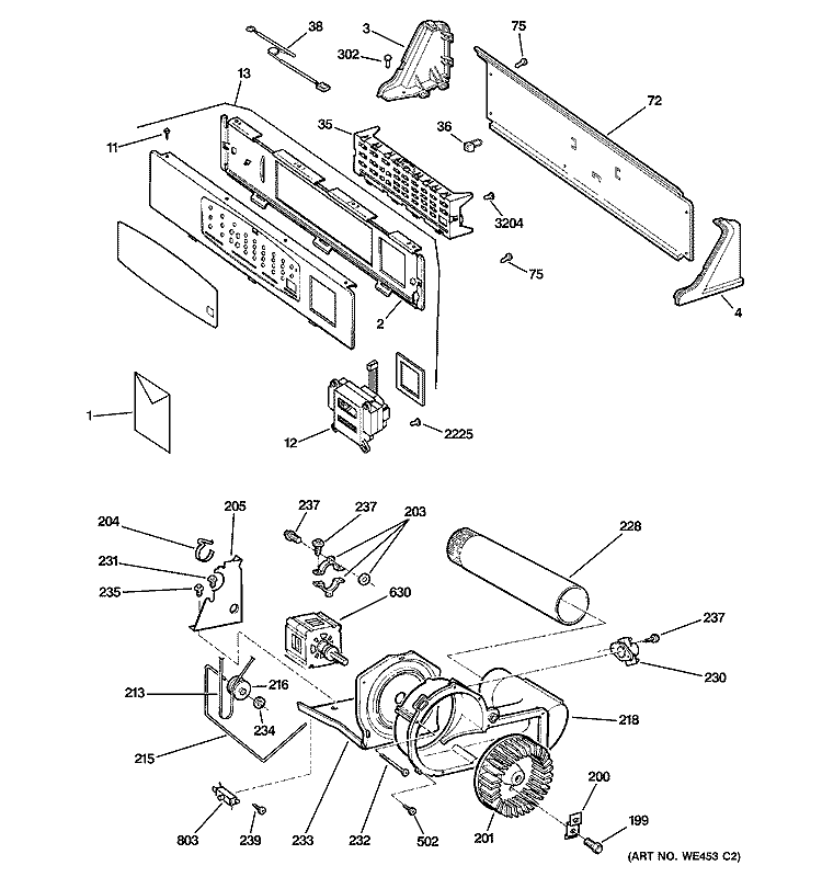 BACKSPLASH, BLOWER & MOTOR ASSEMBLY Diagram and Parts List for DNCJ440GA1WC  General Electric Dryer