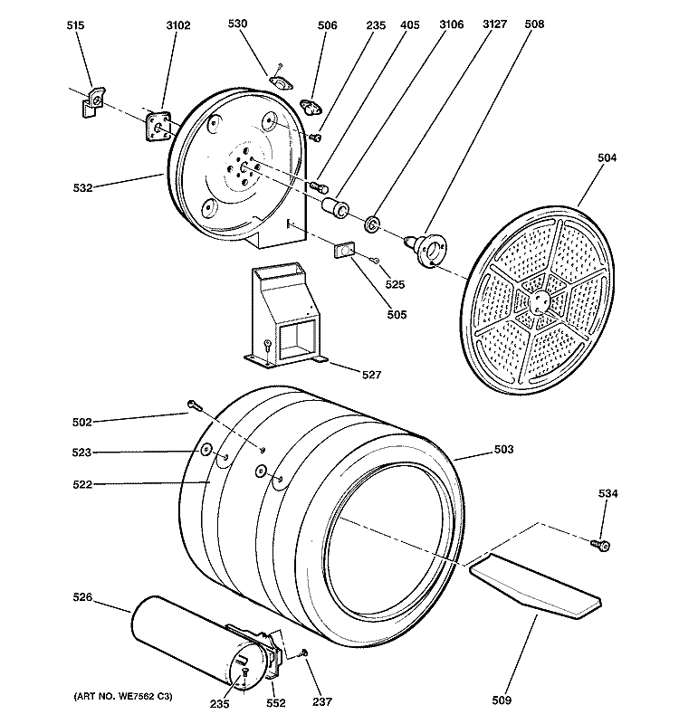 DRUM Diagram and Parts List for DNCJ440GA1WC  General Electric Dryer
