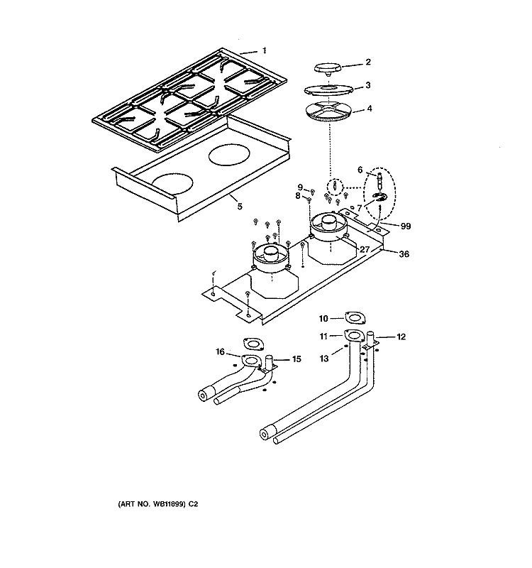 BURNER ASSEMBLY Diagram and Parts List for ZGU48L6RWSS  General Electric Cooktop
