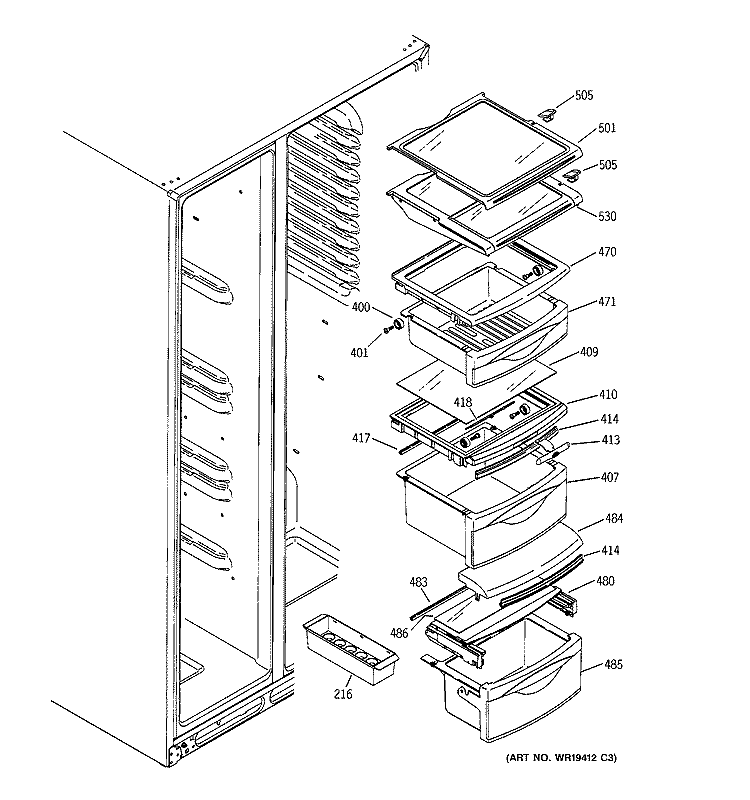 FRESH FOOD SHELVES Diagram and Parts List for GSK25LHRBCCC  General Electric Refrigerator