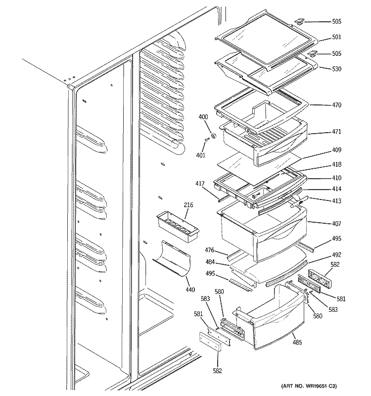 FRESH FOOD SHELVES Diagram and Parts List for PSK27MHRBCCC  General Electric Refrigerator