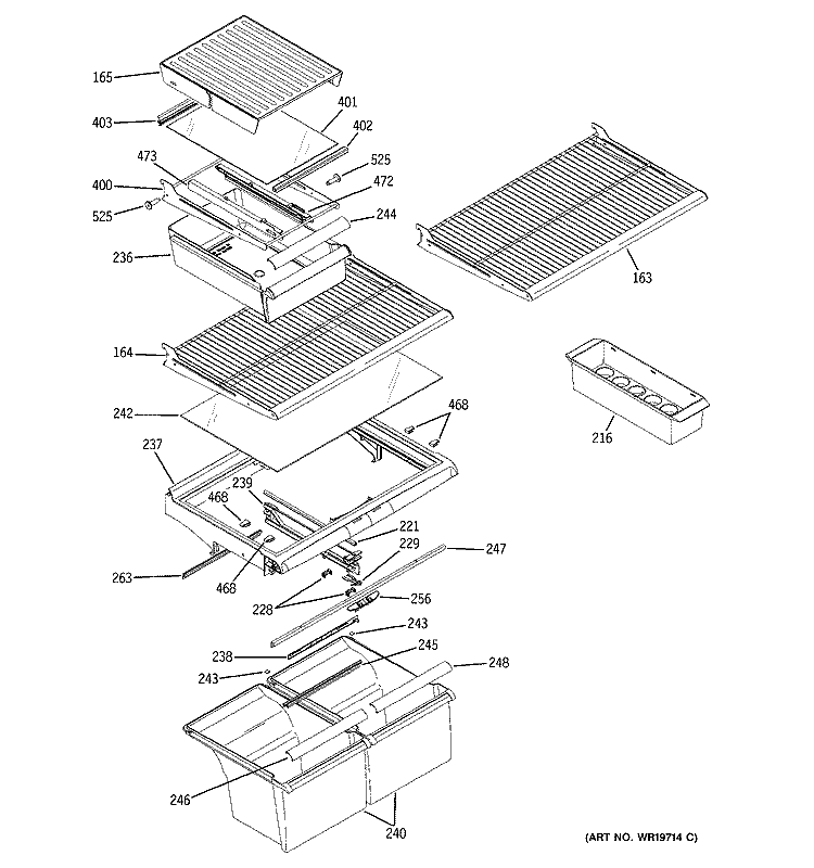 FRESH FOOD SHELVES Diagram and Parts List for GTG22FBSARWW  General Electric Refrigerator