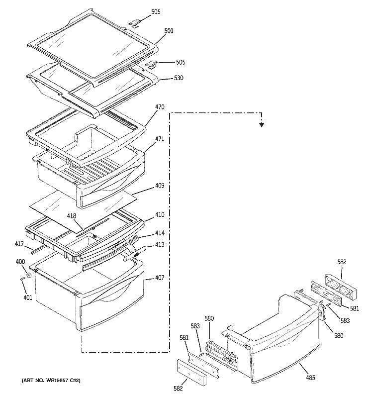 FRESH FOOD SHELVES Diagram and Parts List for RSK25MGMJCCC  General Electric Refrigerator