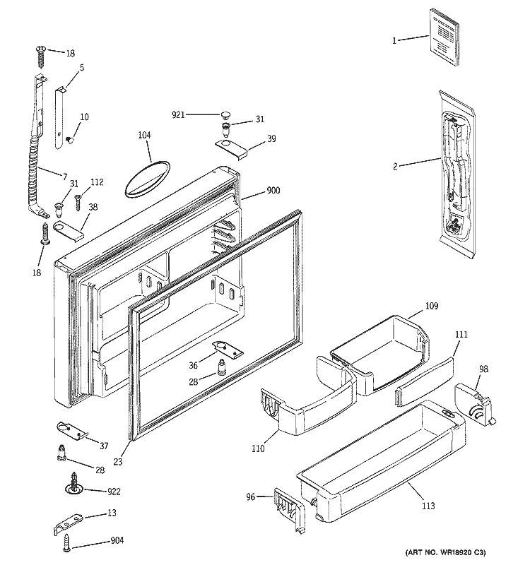 FREEZER DOOR Diagram and Parts List for PTS25LBMBRCC  General Electric Refrigerator