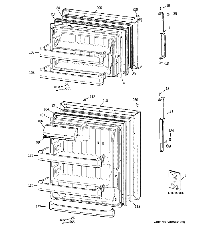 DOORS Diagram and Parts List for HTS18XBSERWW  Hotpoint Refrigerator