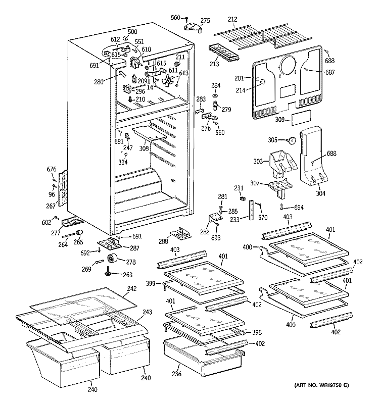 CABINET Diagram and Parts List for HTS18XBSERWW  Hotpoint Refrigerator