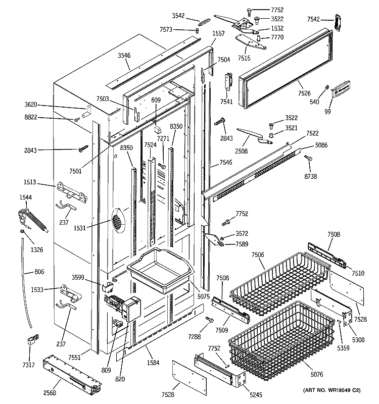 FREEZER SECTION, TRIM & COMPONENTS Diagram and Parts List for ZICS360NRBRH  General Electric Refrigerator