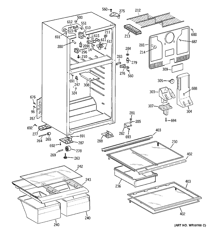 CABINET Diagram and Parts List for GTS18RBSERWW  General Electric Refrigerator
