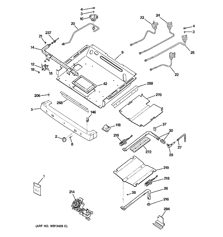 GAS & BURNER PARTS Diagram and Parts List for JGB916BEK1BB  General Electric Range