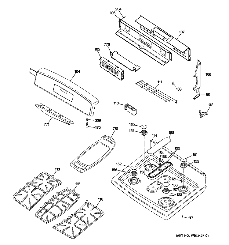 CONTROL PANEL & COOKTOP Diagram and Parts List for JGB916SEK1SS  General Electric Range
