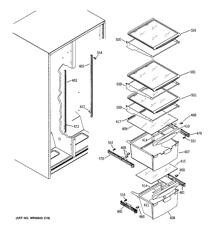 FRESH FOOD SHELVES Diagram and Parts List for GSL22JFPHBS  General Electric Refrigerator