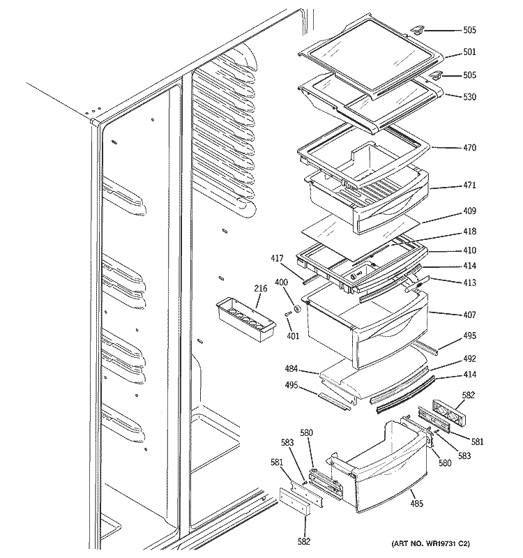 FRESH FOOD SHELVES Diagram and Parts List for PCG23MISAFWW  General Electric Refrigerator
