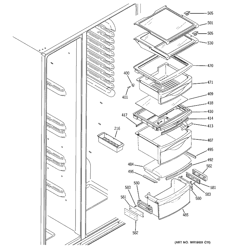 FRESH FOOD SHELVES Diagram and Parts List for PCG23SISAFBS  General Electric Refrigerator