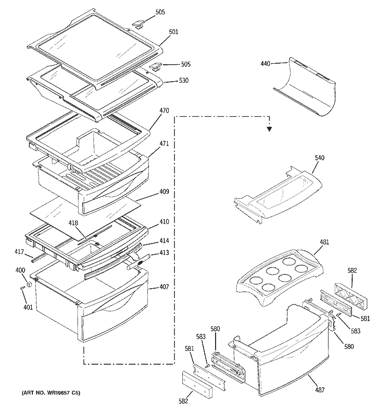 FRESH FOOD SHELVES Diagram and Parts List for PCT23SHRCSS  General Electric Refrigerator