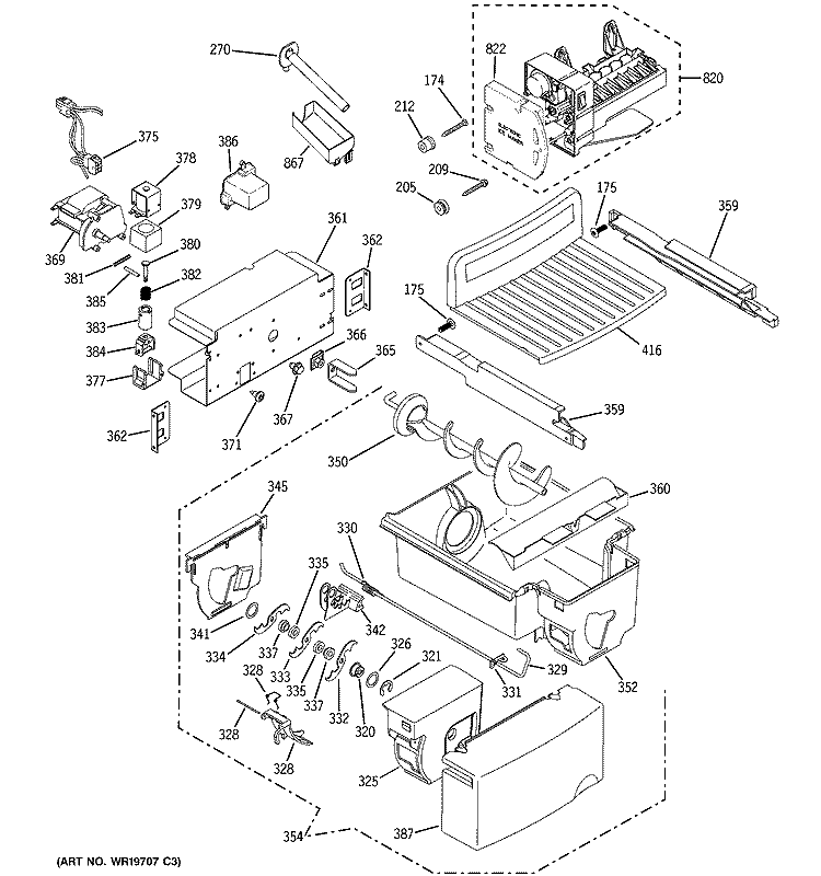 ICE MAKER & DISPENSER Diagram and Parts List for PSK25MGRBCCC  General Electric Refrigerator