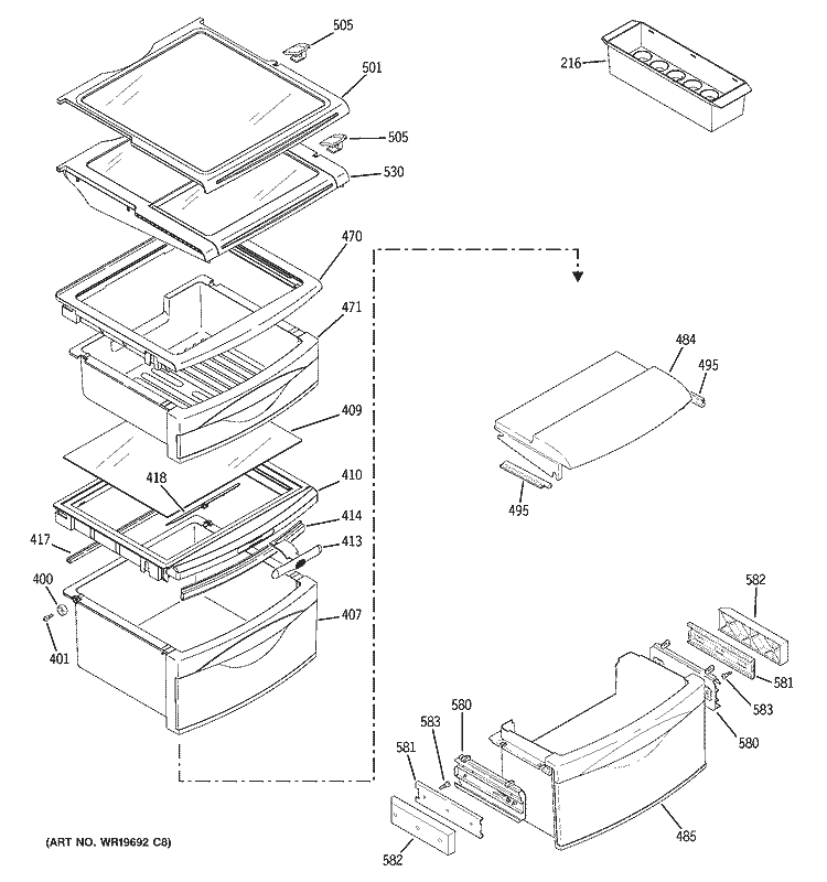 FRESH FOOD SHELVES Diagram and Parts List for PSK25MGRBCCC  General Electric Refrigerator
