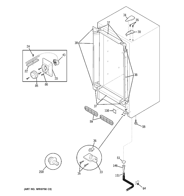 CABINET Diagram and Parts List for FUM14SRARWH  General Electric Freezer
