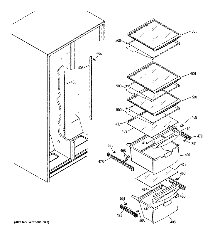 FRESH FOOD SHELVES Diagram and Parts List for GSS22IFREWW  General Electric Refrigerator