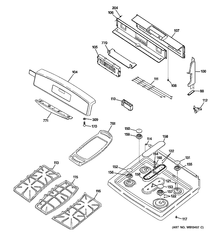 CONTROL PANEL & COOKTOP Diagram and Parts List for JGB918SEK1SS  General Electric Range