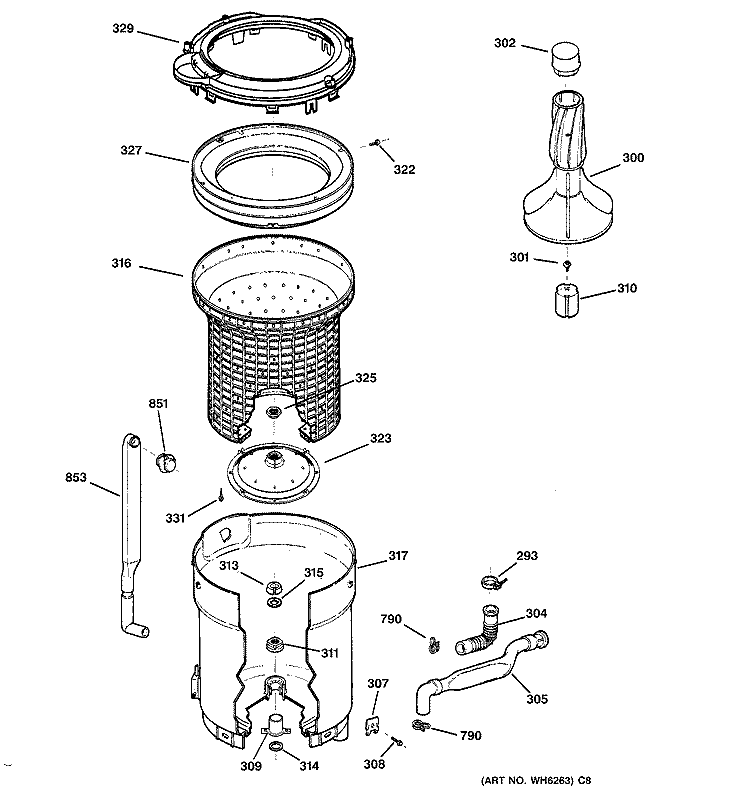 TUB, BASKET & AGITATOR Diagram and Parts List for WCSR2080B1CC  General Electric Washer