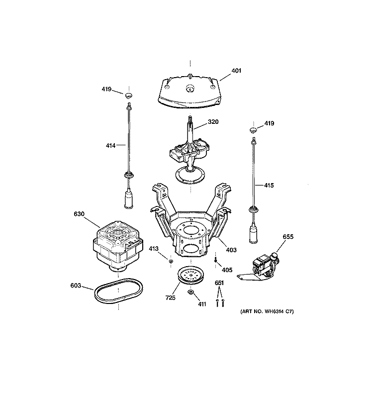 SUSPENSION, PUMP & DRIVE COMPONENTS Diagram and Parts List for WCSR2080B1CC  General Electric Washer