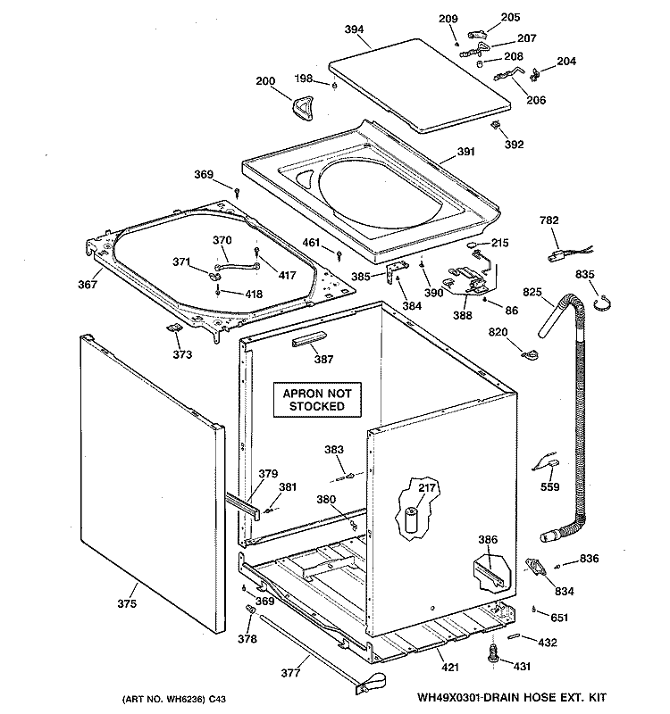 CABINET, COVER & FRONT PANEL Diagram and Parts List for WJSR2070D1WW  General Electric Washer