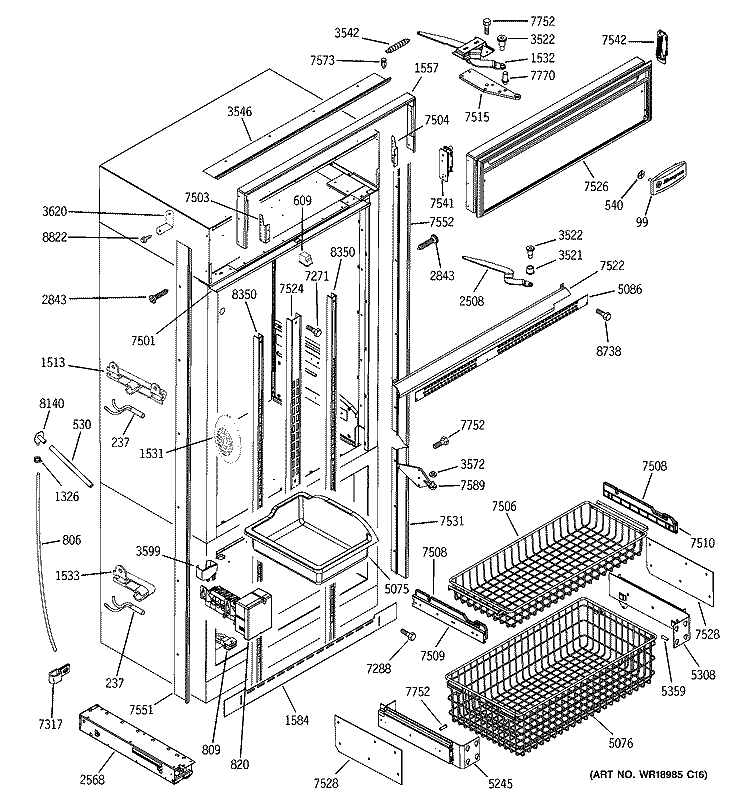 FREEZER SECTION, TRIM & COMPONENTS Diagram and Parts List for ZICS360NMBRH  General Electric Refrigerator